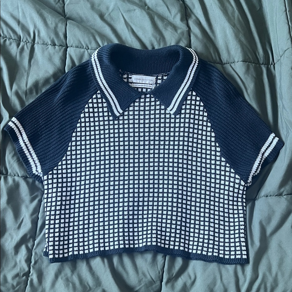 Urban Outfitters Navy and White Knit Polo